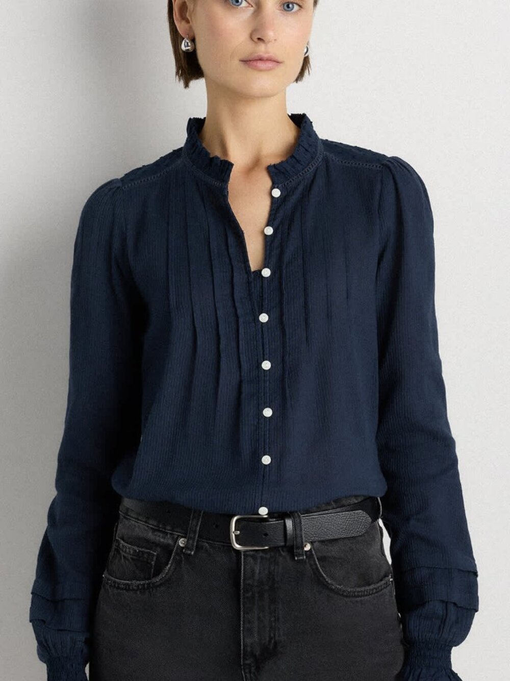 Quince Peasant Blouse in Navy - Organic Textured Cotton